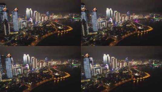 山东青岛浮山湾城市天际线夜景风光航拍高清在线视频素材下载