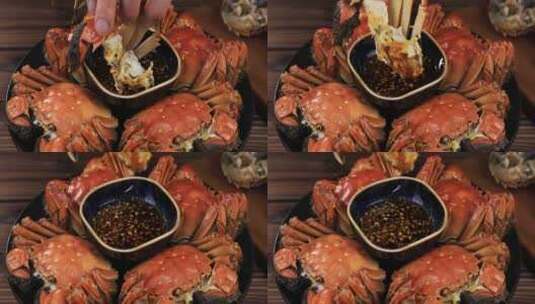 阳澄湖大闸蟹 吃螃蟹 蟹黄 蘸酱料高清在线视频素材下载