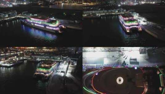 深圳蛇口港口大邮轮停靠码头夜景航拍高清在线视频素材下载