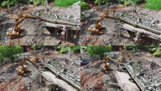挖掘机拆迁旧城改造航拍高清在线视频素材下载