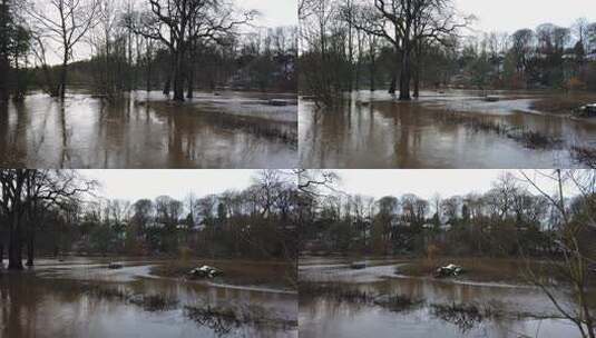 英国柴郡威尔姆斯洛的博林河在暴雨和决堤后高清在线视频素材下载