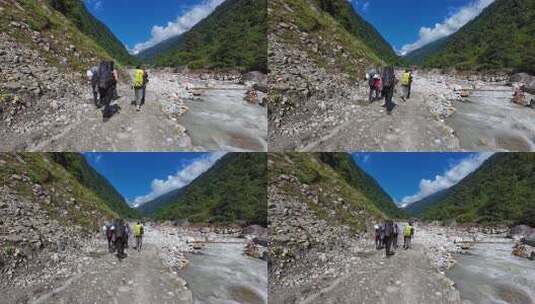 四川贡嘎山区南门关沟的徒步旅行爱好者高清在线视频素材下载