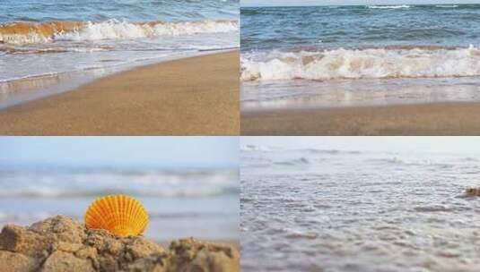 沙滩贝壳/海浪冲刷贝壳/海滩/女孩听海高清在线视频素材下载