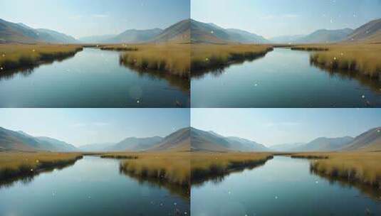 4k草原上天然湖泊与湿地洲湖泊倒影大屏背景高清在线视频素材下载