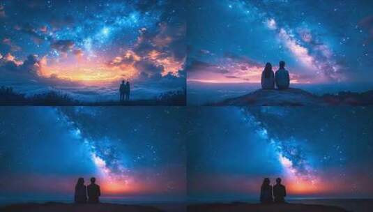夕阳星空下的情侣 海边日落银河唯美爱情高清在线视频素材下载