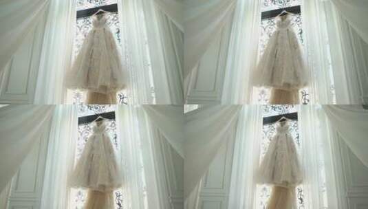 挂起来的白色婚纱高清在线视频素材下载