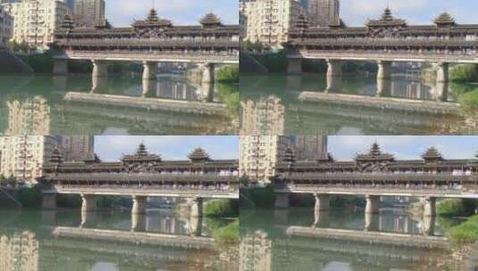 蓝天白云下的湖北省恩施州宣恩县侗族风雨桥高清在线视频素材下载