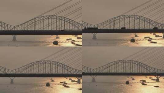 南京大胜关长江大桥货轮航拍高清在线视频素材下载