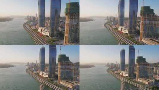 厦门航拍世贸双子塔建筑风光高清在线视频素材下载