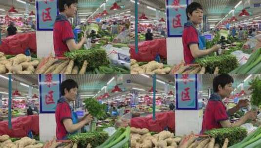 农贸市场买菜，大葱高清在线视频素材下载
