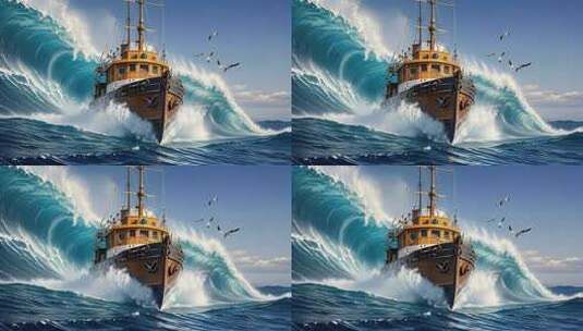 乘风破浪渔船航行海洋捕鱼海浪颠簸高清在线视频素材下载