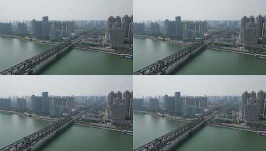 航拍湖北襄阳汉江大桥铁路公路双用高清在线视频素材下载