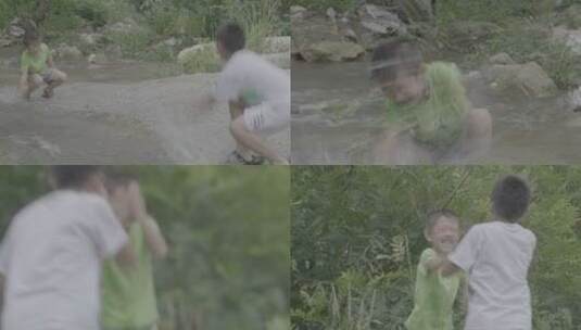 山里小溪边的孩子在泼水嬉戏LOG高清在线视频素材下载