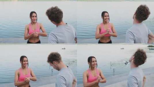 夫妇在池塘边健身高清在线视频素材下载
