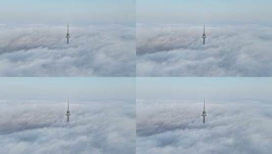 青岛城市建筑电视塔航拍平流雾日出高清在线视频素材下载