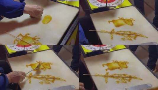 小朋友围观糖画手艺人一组4高清在线视频素材下载