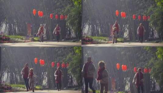春节期间在公园里快乐玩耍的一家人祖孙三人高清在线视频素材下载
