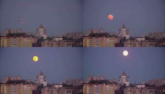 月亮在城市的建筑物上升起高清在线视频素材下载