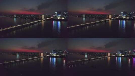杭州上城区西兴大桥晚霞航拍高清在线视频素材下载