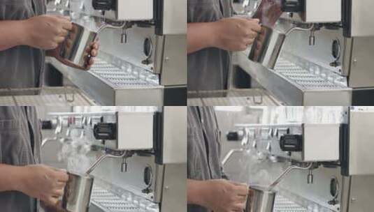 咖啡师在工业浓缩咖啡机上用不锈钢玻璃杯蒸牛奶或热可可高清在线视频素材下载