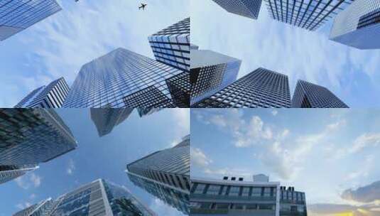 4k大气飞机飞过城市金融楼顶高清在线视频素材下载
