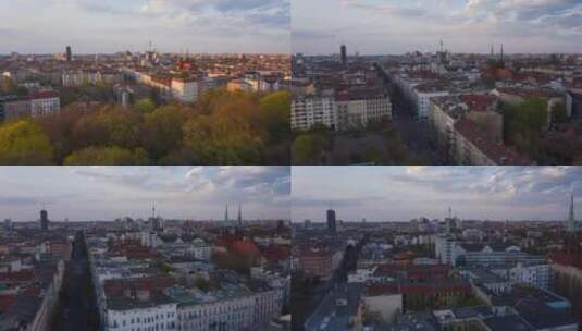 空中：美丽的日落无人机超延时，柏林城市景观上的运动延时高清在线视频素材下载
