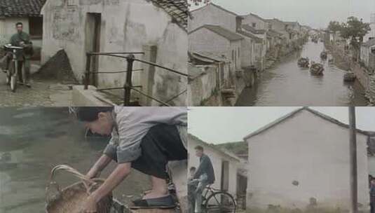 60年代江南水乡木船邮递员河边洗衣服高清在线视频素材下载