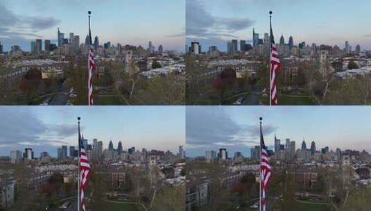 有美国国旗的美国城市。前景是住宅的城市建筑。f的鸟瞰图高清在线视频素材下载