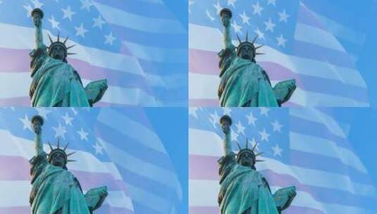 国旗与自由女神像高清在线视频素材下载