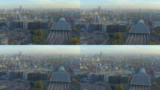 前景是伦敦市中心国王十字圣潘克拉斯的上升航拍高清在线视频素材下载