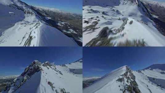 FPV穿越机无人机航拍雪山高山山脉森林阳光高清在线视频素材下载