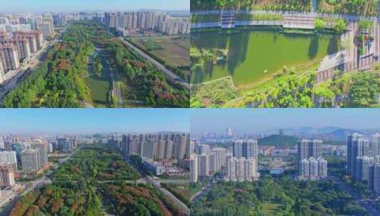 航拍枣庄薛城城南中轴线森林公园高清在线视频素材下载