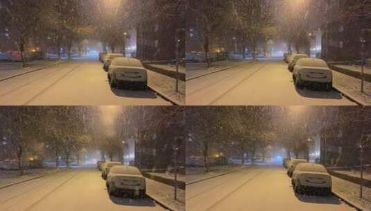 傍晚大雪纷飞的街道高清在线视频素材下载