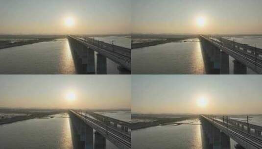 泉州湾跨海大桥航拍泉州湾大桥日落夕阳海景高清在线视频素材下载
