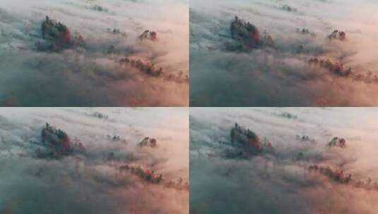 航拍秋天清晨山村云雾缭绕的场景高清在线视频素材下载