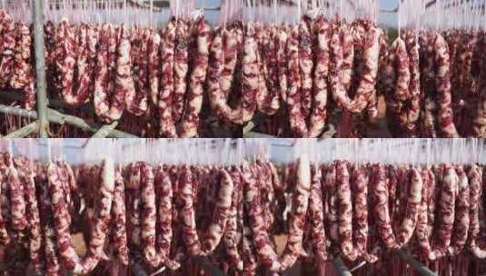 户外晾晒香肠腊肠制作肉制品新年春节年货高清在线视频素材下载