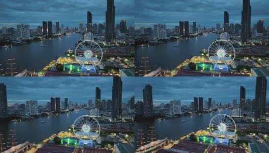 泰国曼谷湄南河亚洲河滨夜市摩天轮航拍风光高清在线视频素材下载