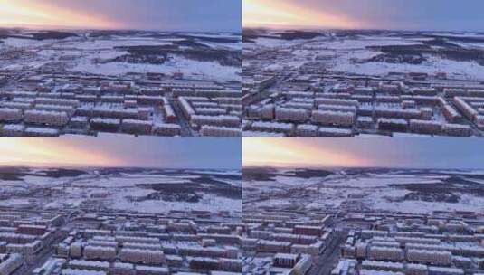 牙克石航拍冬天城市雪景日出高清在线视频素材下载