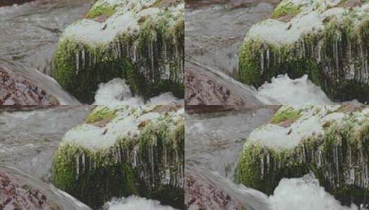 冰雪流水溪流石头青苔结冰高清在线视频素材下载
