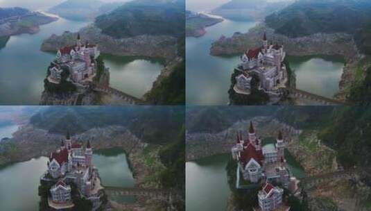 大山深处湖里一座城堡高清在线视频素材下载