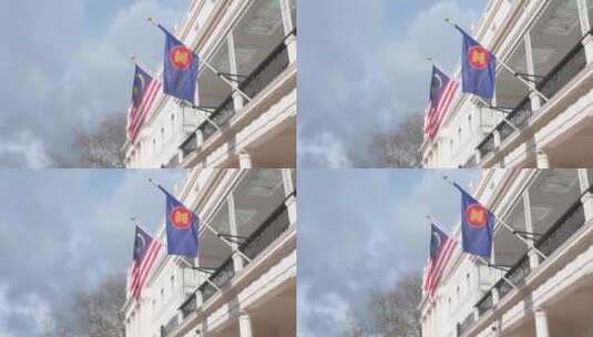 英国伦敦贝尔格莱维亚的马来西亚国旗高清在线视频素材下载
