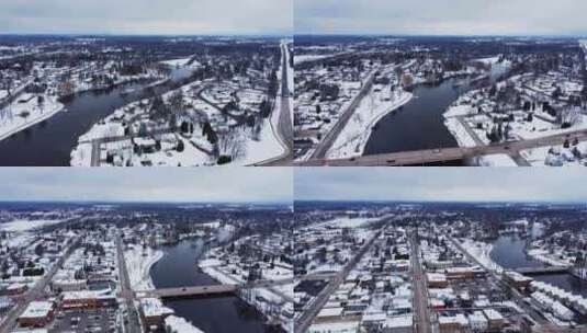 冬季靠近河流的郊区社区的空中立交桥（威斯高清在线视频素材下载