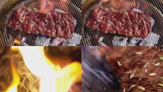 烤肉炭火烤肉牛肉牛排4K慢动作高清在线视频素材下载