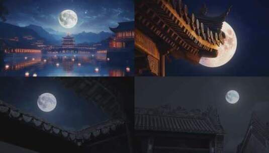 古风建筑唯美夜景中秋赏月团圆高清在线视频素材下载