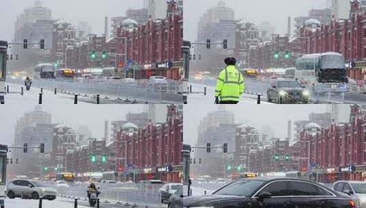 大雪中外卖小哥警察汽车乌鸦飞鸟信号灯路口高清在线视频素材下载