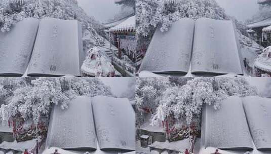 洛阳老君山雪后老子道德经书本雕塑高清在线视频素材下载