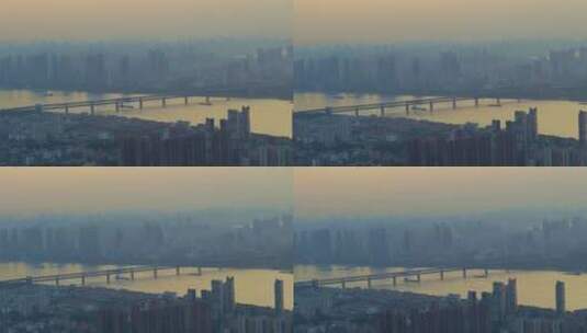武汉市江滩航拍长江大桥货轮夕阳高清在线视频素材下载