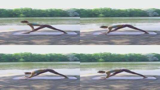 女子在河边做瑜伽高清在线视频素材下载