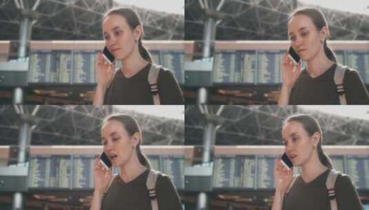 女人在机场打电话聊天高清在线视频素材下载