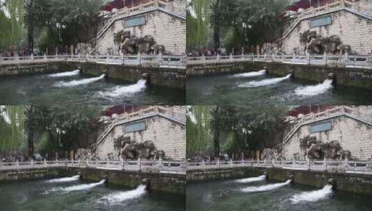 济南黑虎泉泉水喷涌，护城河解放阁游览高清在线视频素材下载